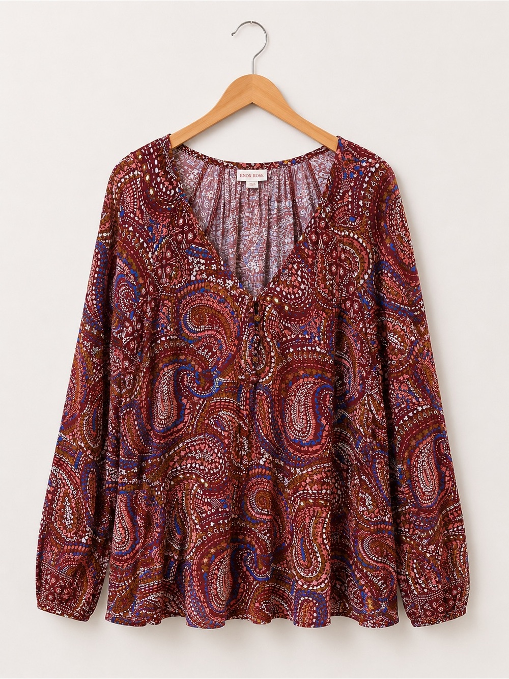 Knox Rose Burgundy Paisley Peasant Blouse XXL